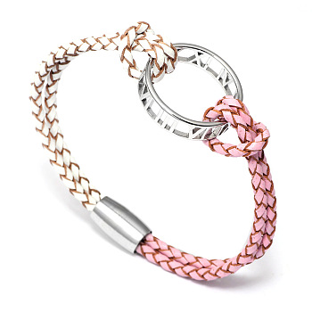 Alloy Ring Links Bracelets, with Leather Cord and Alloy Magnetic Clasps, Platinum, Pearl Pink, 7-1/2 inch(19cm)