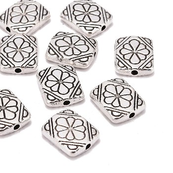Tibetan Style Alloy Beads, Rectangle with Flower, Cadmium Free & Nickel Free & Lead Free, Antique Silver, 12x10x3mm, Hole: 1.5mm