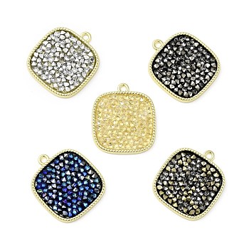 Rhinestone Pendants, with Light Gold Plated Brass Findings, Square, Cadmium Free & Lead Free, Mixed Color, 23.5x20.5x2.5mm, Hole: 1.6mm