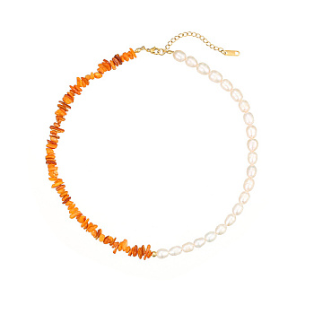 Natural Pearl & Shell Beaded Necklaces for Women, Dark Orange, 15.75 inch(40cm)