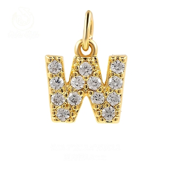 Brass Cubic Zirconia Pendants with Jump Rings, Real 18K Gold Plated, Letter W, 13.2x12.5x2.2mm, Hole: 2.8mm