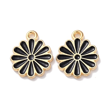 Alloy Enamel Pendants, Golden, Flower Charm, Black, 14x12x1.5mm, Hole: 1.2mm