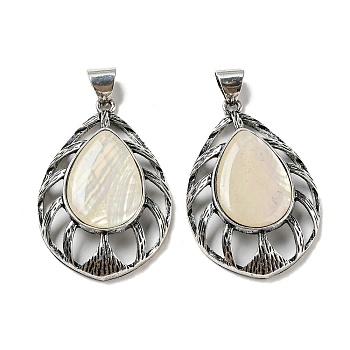 Natural Paua Shell/Abalone Shell Pendants, Antique Silver Plated Alloy Teardrop Charms, Floral White, 49.5x33x9mm, Hole: 7.5x6.5mm