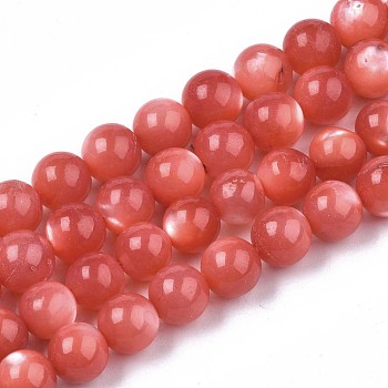 Natural White Shell Mother of Pearl Shell Beads Strands, Dyed, Round, Tomato, 7.5x7.5mm, Hole: 1mm, about 51~52pcs/Strand, 15.16 inch~15.55 inch