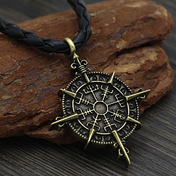 Alloy Viking Compass Pendant Necklaces, Black Waxed Cord Necklaces for Men, Antique Bronze, 25.04 inch(63.6cm)