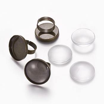 DIY Ring Making, Vintage Adjustable Brass Ring Components, with Clear Glass Cabochons, Flat Round, Antique Bronze, Tray: 25mm, Ring: Size 7, 17mm, Cabochon: 24.5~25x6~7mm, 2pcs/set