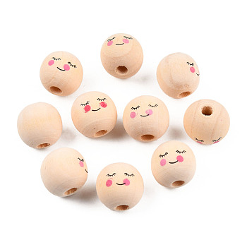 Maple Wood European Beads, Printed, Large Hole Beads, Undyed, Round with Shy Expression, Blanched Almond, 17~18mm, Hole: 5mm, about 280pcs/500g