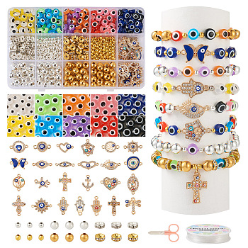 DIY Evil Eye Bracelet Making Kit, Including Cross & Anchor & Star & Dragonfly Alloy Links, Resin Flat Round & Iron Beads, Scissor, Mixed Color, 628Pcs/set
