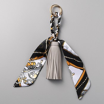 PU Leather Tassels Keychain, with Alloy Key Rings and Polyester Scarves, Gray, 27cm