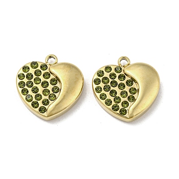 Real 14K Gold Plated 304 Stainless Steel Charms, with Rhinestone, Heart, Olivine, 13.5x13x3mm, Hole: 1.4mm