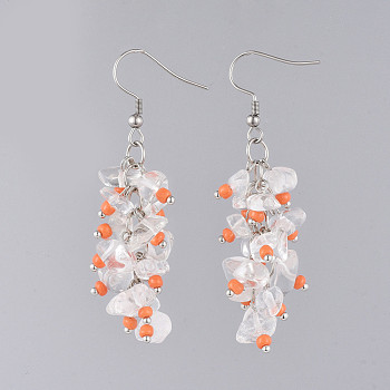 Dangle Earrings, with Glass Seed Beads, Natural Quartz Crystal Chips Beads and Stainless Steel Earring Hooks, Orange, 63mm, Pin: 0.7mm