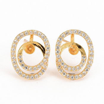 Brass Micro Pave Clear Cubic Zirconia Stud Earring Findings, for Half Drilled Bead, Nickel Free, Oval, Real 18K Gold Plated, 15x12mm, Pin: 0.6mm, Pin: 0.6mm(for Half Drilled Bead)