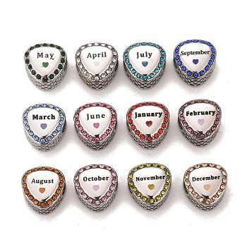 12Pcs 12 Style 304 Stainless Steel European Beads Sets, Large Hole Beads, with Rhinestone and Enamel, Triangle with Month, Stainless Steel Color, 11.5x11.5x8mm, Hole: 4mm, 1Pc/style