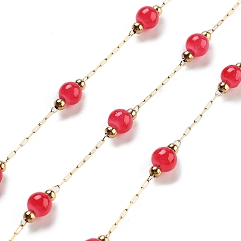 Handmade Round Dyed Natural Malaysia Jade Beaded Chains, with Ion Plating(IP) 304 Stainless Steel Paperclip Chains, Unwelded, Real 18K Gold Plated, Cerise, 2.2x1x0.5mm