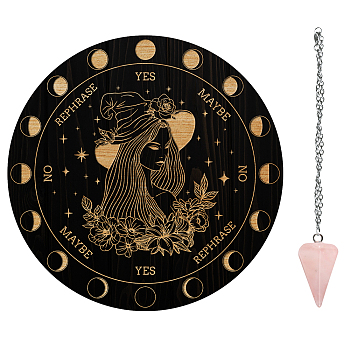 AHADEMAKER Dowsing Divination Supplies Kit, Including PVC Plastic Pendulum Board, 304 Stainless Steel Cable Chain Necklaces, Cone/Spike Natural Rose Quartz Stone Pendants, Women Pattern, Board: 200x4mm