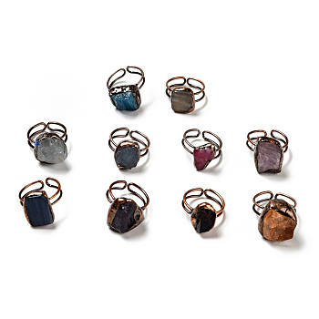 Natural Gemstone Irregular Nugget Open Cuff Rings, Red Copper Plated Brass Wire Wrap Ring for Women, Cadmium Free & Lead Free, US Size 4 1/4(15mm)
