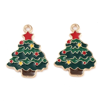 Christmas Theme Barrel Plating Alloy Enamel Pendants, Cadmium Free & Lead Free, Light Gold, Christmas Tree, 24x18x1.5mm, Hole: 1.6mm