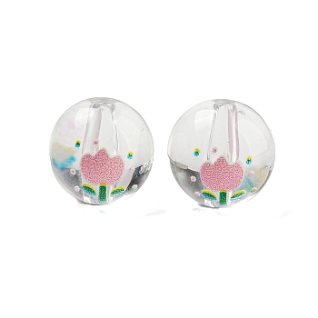 Transparent Printed Acrylic Beads, Round with Flower, Clear, 13mm, Hole: 2.5mm