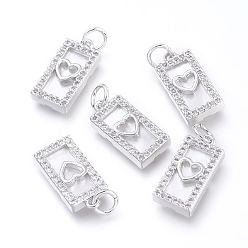 Brass Micro Pave Cubic Zirconia Pendants, with Jump Rings and Natural Shell, Long-Lasting Plated, Cadmium Free & Lead Free & Nickel Free, Rectangle with Heart, Clear, Platinum, 16x8x3mm, Hole: 3.4mm
