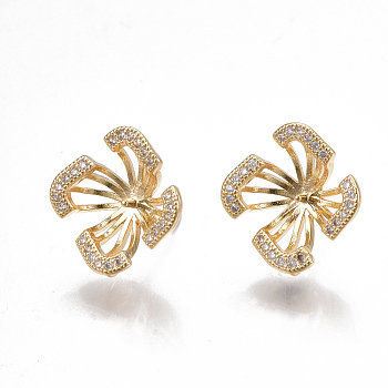 Brass Stud Earring Findings, For Half Drilled Beads, with Loop and Cubic Zirconia, Real 18K Gold Plated, Flower, Clear 15x15mm, Hole: 1mm, Pin: 0.8mm