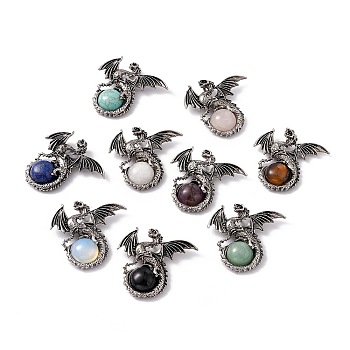 Natural & Synthetic Mixed Gemstone Dome Pendants, Gragon Charms, with Rack Plating Antique Silver Tone Alloy Findings, Cadmium Free & Lead Free, 44x46x9mm, Hole: 5.5x4mm