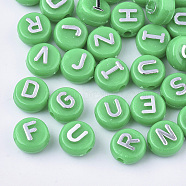Plating Opaque Acrylic Beads, Metal Enlaced, Horizontal Hole, Flat Round with Letter, Medium Sea Green, 10x6mm, Hole: 1.8mm, about 1580pcs/500g(MACR-T032-02A)