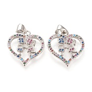 Brass Micro Pave Clear Cubic Zirconia Pendants, Heart with Couple, Long-Lasting Plated, Heart with Human, Colorful, Platinum, 24x18x3mm, Hole: 5x4mm(ZIRC-L096-33P)