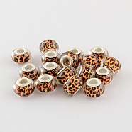 Large Hole Resin European Beads, with Silver Color Plated Brass Double Cores, Rondelle, Chocolate, 14x9mm, Hole: 5mm(X-OPDL-R114-24B)