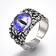 Alloy Glass Cuff Finger Rings, Wide Band Rings, Dragon Eye, Antique Silver, Blue Violet, Size 10, 20mm(RJEW-T006-01B)