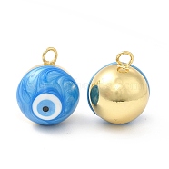 Brass Pendants, with Enamel, Real 18K Gold Plated, Long-Lasting Plated, Round with Evil Eye, Deep Sky Blue, 17.5x14x14.5mm, Hole: 3mm(KK-E075-04G-03)