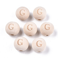 Unfinished Natural Wood European Beads, Large Hole Beads, Laser Engraved Pattern, Round with Word, Letter.G, 15~16x14~15mm, Hole: 4mm(WOOD-S045-143A-01G)