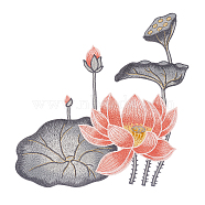 Lotus & Lotus Pod Pattern Polyester Fabrics Computerized Embroidery Cloth Sew on Appliques, Costume Cheongsam Accessories, Dark Gray, 240x240x1mm(PATC-WH0009-01C)