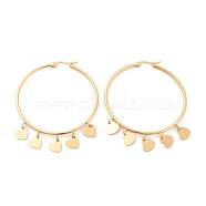 Vacuum Plating 201 Stainless Steel Heart Charm Big Hoop Earrings with 304 Stainless Steel Pin for Women, Golden, 62x50mm, Pin: 0.7mm(EJEW-F280-20G)