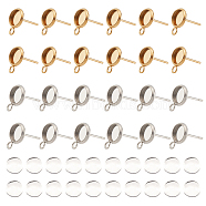 AHADERMAKER 40Pcs 2 Color Ion Plating(IP) 304 Stainless Steel Stud Earring Settings, with Loop, Flat Round, with 40Pcs Transparent Glass Cabochons, Golden & Stainless Steel Color, Tray: 6mm, 11x8x1.5mm, Hole: 1.8mm, Pin: 0.8mm, 20pcs/color(STAS-GA0001-25)