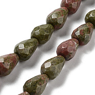 Natural Unakite Beads Strands, Faceted Teardrop, 10x7mm, Hole: 1.2mm, about 20pcs/strand, 7.87''(20cm)(G-P520-B09-01)