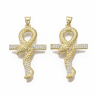 Brass Micro Pave Cubic Zirconia Pendants, Nickel Free, for Easter, Snake Wrapped around Ankh Cross, Clear, Real 16K Gold Plated, 37.5x22.5x6mm, Hole: 3.5x4mm(ZIRC-T014-012-NF)
