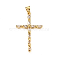Brass Micro Pave Clear Cubic Zirconia Pendants, Cross, Real 18K Gold Plated, 34x21.5x2.5mm, Hole: 4x3mm(ZIRC-A021-17G)
