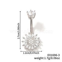 Shiny Sunflower Brass Full Crystal Rhinestone Belly Button Rings, Piercing Navel Rings, Barbell Body Jewelry for Women, Stainless Steel Color, 27x12mm(AG8892-3)