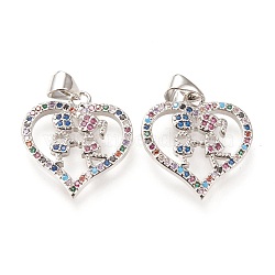 Brass Micro Pave Clear Cubic Zirconia Pendants, Heart with Couple, Long-Lasting Plated, Heart with Human, Colorful, Platinum, 24x18x3mm, Hole: 5x4mm(ZIRC-L096-33P)