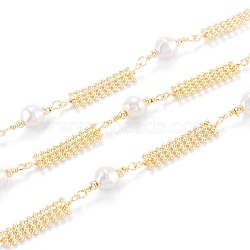 Handmade Brass Beaded Chain, with CCB Plastic Imitation Pearl & Brass Beaded Band, Long-Lasting Plated, Unwelded, with Spool, Light Gold, strip: 17x6x5mm, bead: 18.5x7x7mm, 32.8 Feet(10m)/roll(CHC-M021-26LG)