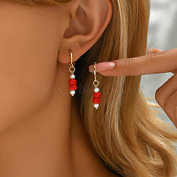 Gold-plated Multicolor Glass Bead Vintage Chic Brass Hoop Earrings for Women, Red, 35x8mm(AZ9822-3)