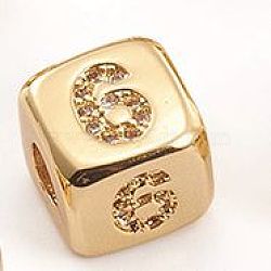 Brass Micro Pave Cubic Zirconia Beads, Cube with Number, Clear, Golden, Num.6, 8.5x8.5x8.5mm, Hole: 3.5mm(ZIRC-L091-021G-06)