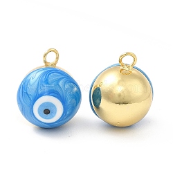 Brass Pendants, with Enamel, Real 18K Gold Plated, Long-Lasting Plated, Round with Evil Eye, Deep Sky Blue, 17.5x14x14.5mm, Hole: 3mm(KK-E075-04G-03)