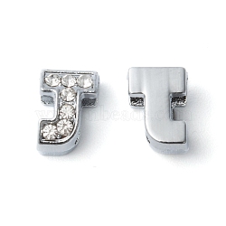 Initial Slide Beads, Alloy Rhinestone Beads, Platinum Color, Letter J, about 7.5mm wide, 10mm long, 6.5mm thick, hole: 3.5x7mm(X-ZP12-J)