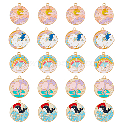 SUPERFINDINGS 20Pcs 5 Styles Alloy with Enamel Pendant, Light Gold, Flat Round with Whale/Heart/Rainbow/Cloud/Bottle, Mixed Color, 28x24x1mm, Hole: 2mm, 4pcs/style(ENAM-FH0001-58)