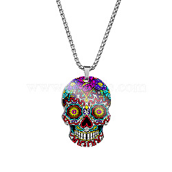 Stainless Steel Skull with Flower Pendant Necklaces, Halloween Jewelry for Women, Yellow, 23.62 inch(60cm)(SKUL-PW0001-138C)