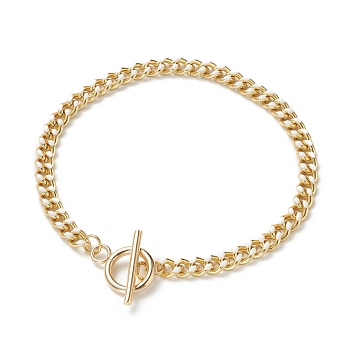 Brass Curb Chain Bracelets, with Enamel and 304 Stainless Steel Toggle Clasps, Real 18K Gold Plated, White, 8-1/8 inch(20.5cm)