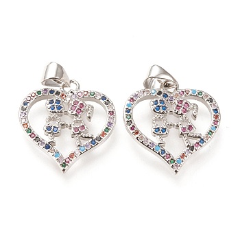Brass Micro Pave Clear Cubic Zirconia Pendants, Heart with Couple, Long-Lasting Plated, Heart with Human, Colorful, Platinum, 24x18x3mm, Hole: 5x4mm