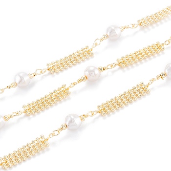 Handmade Brass Beaded Chain, with CCB Plastic Imitation Pearl & Brass Beaded Band, Long-Lasting Plated, Unwelded, with Spool, Light Gold, strip: 17x6x5mm, bead: 18.5x7x7mm, 32.8 Feet(10m)/roll