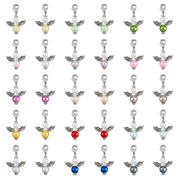 Angel Tibetan Style Alloy & Acrylic Pendant Decorations, with Brass Lobster Claw Clasps, Mixed Color, 35mm, 15 colors, 2pcs/color, 30pcs/set